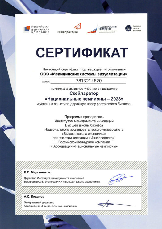 Сертификат об участии в программе Скейларатор «Национальные чемпионы-2023»